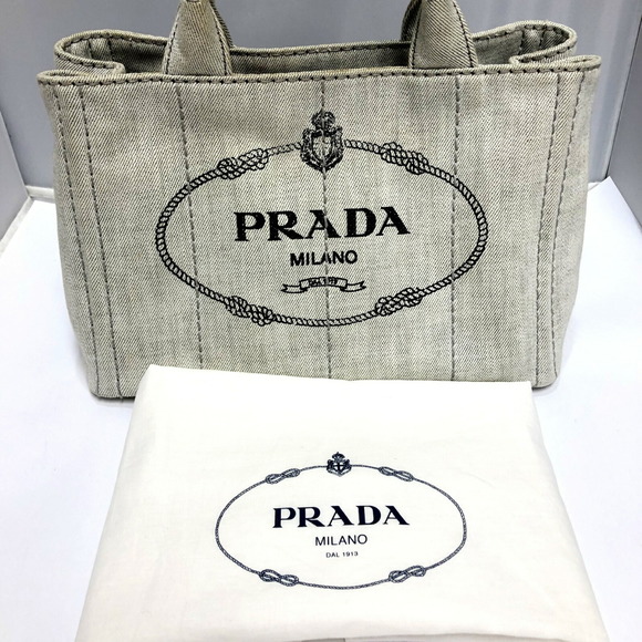 PRADA Prada Mini Canapa 2WAY Handbag Denim White Tote Bag Logo Triangle Plate... - Picture 10 of 10
